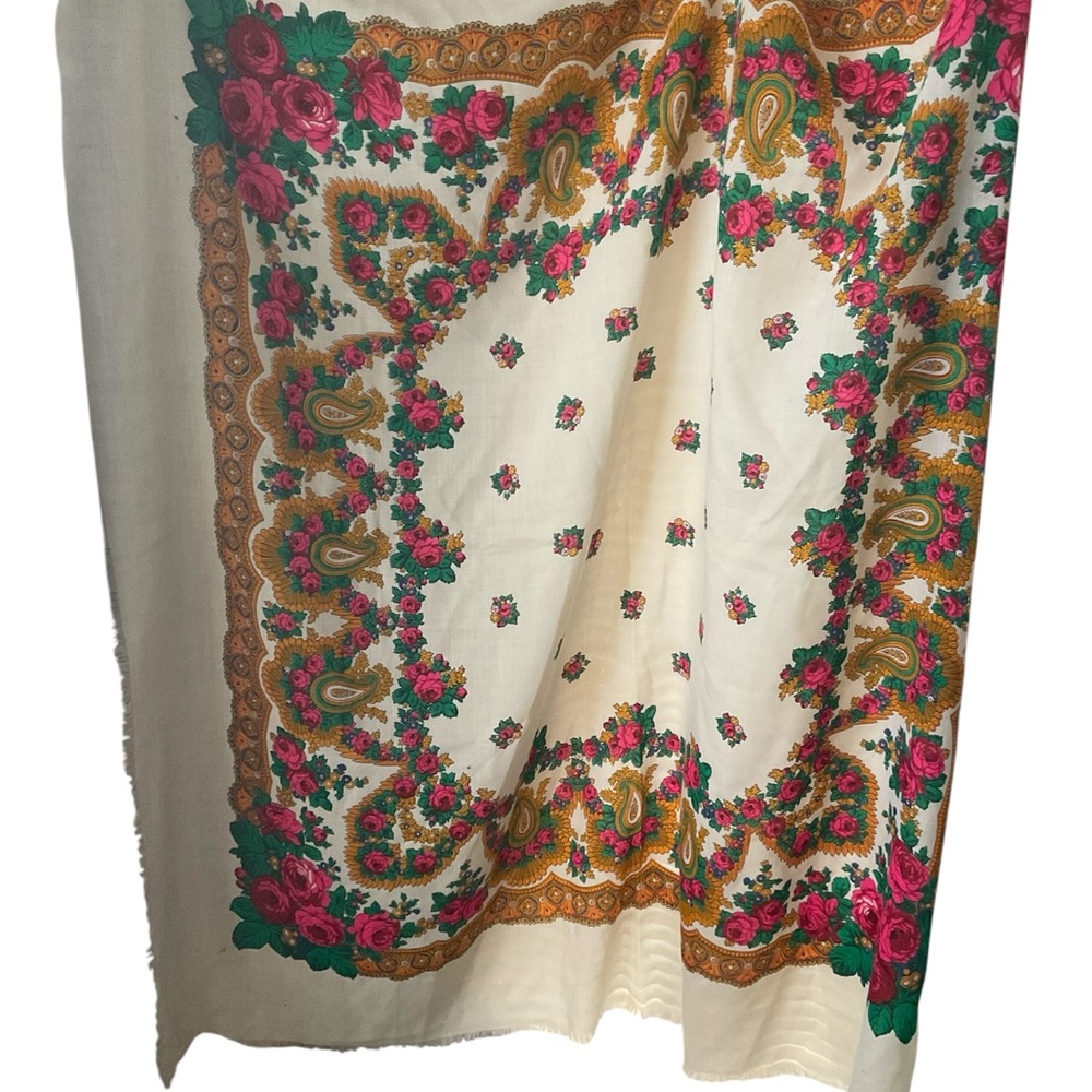 Vintage Russian wool Vibrant Floral and Paisley Scarf Shawl